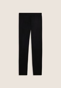 Leggings neri realizzati in un tessuto liscio e elastico. Presentano una vita elasticizzata e un design aderente che si estende fino alla caviglia.