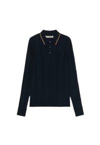 Polo a maniche lunghe blu navy con texture a coste, placket con due bottoni e rifinitura del colletto gialla a contrasto. Realizzato in materiale morbido ed elastico.