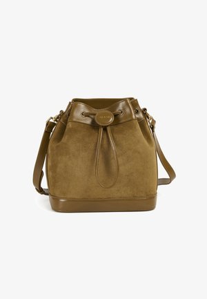 Suede bucket bag in olive green, with a smooth leather trim and drawstring closure. Features a removable shoulder strap and logo detail.