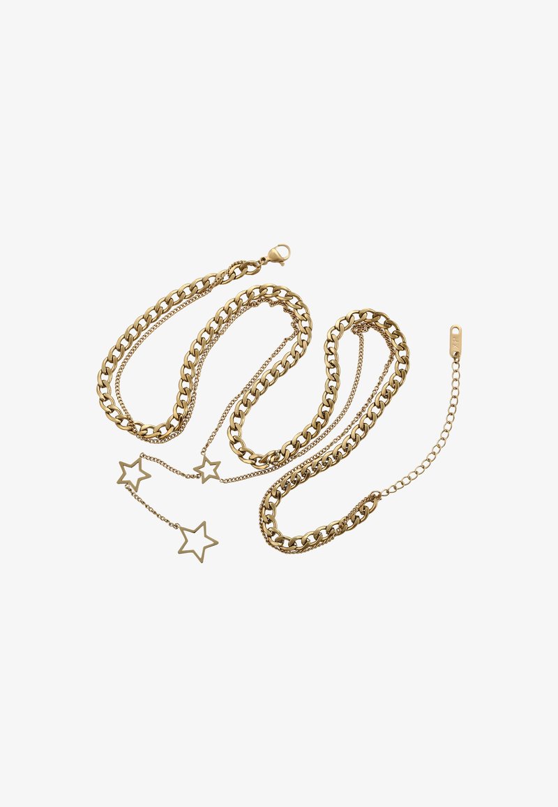 Collier en or avec des maillons épais, une chaîne à maillons plus petits et trois charms en forme d'étoile sur un fond blanc.