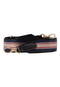 Bandoulière en tissu rayé bleu marine foncé, rouge et noir. Comprend des éléments en métal doré et un détail en cuir noir pour plus de durabilité.