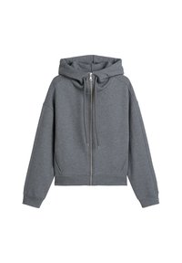Grijze hoodie met rits aan de voorkant, geribde manchetten en zoom. Het heeft een zachte textuur en een ontspannen, kortere pasvorm.