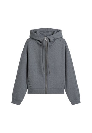 Grijze hoodie met rits aan de voorkant, geribde manchetten en zoom. Het heeft een zachte textuur en een ontspannen, kortere pasvorm.