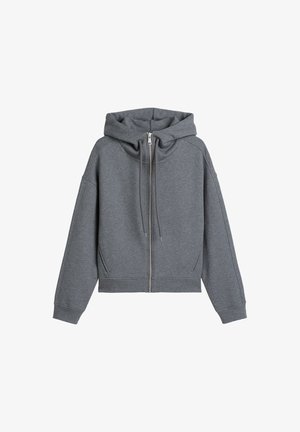 Grauer Kapuzenpullover mit Frontreißverschluss, gerippten Bündchen und Saum. Er zeichnet sich durch eine weiche Textur und eine lockere, verkürzte Passform aus.