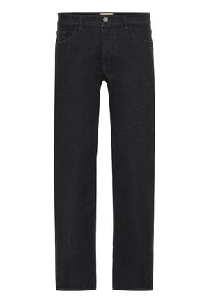 Jeans neri a gamba dritta realizzati in denim, con vita a bottoni, cinque tasche e design minimalista senza motivi visibili.