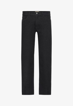 Black straight-leg jeans made from denim, featuring a buttoned waistband, five pockets, and minimalistic design with no visible patterns.