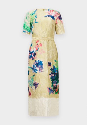 Beige short-sleeve midi dress with crinkled texture, floral watercolor prints in blue, green, pink, and a subtle waistband detail.