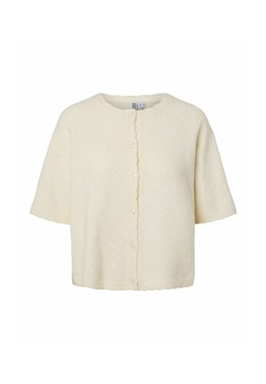 Cardigan à manches courtes de couleur crème avec encolure ronde et fermeture à boutons à l'avant, confectionné dans un tissu doux et texturé.