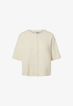 Cardigan à manches courtes de couleur crème avec encolure ronde et fermeture à boutons à l'avant, confectionné dans un tissu doux et texturé.