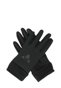 Mustat hanskat, jotka on valmistettu sileästä, joustavasta materiaalista, jossa on teksturoitu pito-fini on sormissa ja joustava ranneke tiukan istuvuuden takia.