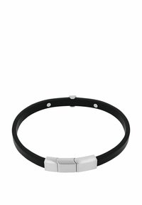 Pulsera de cuero negro con un cierre de metal plateado suave y brillante que presenta tres eslabones rectangulares. Diseño simple con un acabado texturizado.