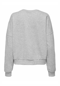 Szürke pulóver, kerek nyakkal, eső vállakkal és bordázott mandzsettával. Puha tapintású, crop fazonú alsó széle van. Egyszerű, díszítetlen dizájn.