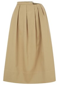 Plissérok van lichtbeige stof, knielengte, met een hoge tailleband en een ritssluiting aan de achterkant. Soepele textuur en klassiek ontwerp.