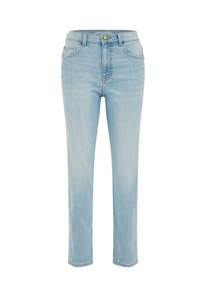 Jean en denim bleu clair avec un design classique à cinq poches, fermeture par bouton et fermeture éclair, coupe droite et détails légèrement délavés.