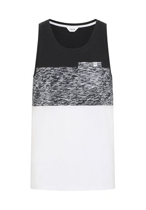 Zwarte, witte en grijze tanktop met een gestructureerd horizontaal patroon, voorzien van een klein borstzakje. Gemaakt van zachte katoenstof.