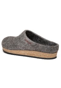 Grey felt clog with a curved design, cork midsole, and textured black rubber outsole. Features subtle red logo detail.