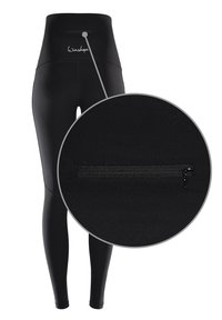 Leggings neri a vita alta realizzati in tessuto elastico, con una tasca con zip nascosta sul retro per lo stoccaggio e una texture liscia.