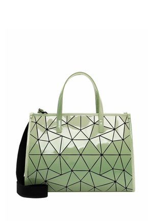 Błyszcząca jasnozielona torebka z czarnym geometrycznym trójkątnym wzorem, dwoma uchwytami i odpinanym czarnym paskiem na ramię.