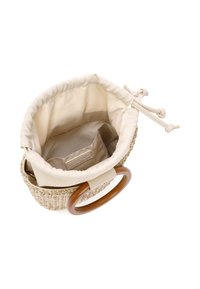 Borsa rotonda intrecciata con interno beige e chiusura a coulisse. Manico in legno, colore neutro, dotata di una tasca interna e rivestimento in tessuto.