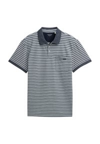 Gestreepte polo in marineblauw en lichtblauw met een contrasterende kraag. Heeft een enkele borstzak en een drieknoopsluiting. Zachte stoftextuur.