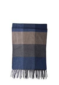 Sciarpa a scacchi caratterizzata da tonalità di blu scuro, marrone chiaro e grigio. Realizzata in tessuto morbido con bordi frangiati e forma rettangolare.