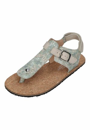 Open-toe sandal with cork sole, light green patterned straps, adjustable buckle, and back strap for ankle support.