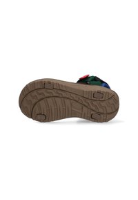 Rubberen zool met een gestructureerd loopvlak, voorzien van meerdere gripoppervlakken. Kleurenpalet omvat bruin, groen en rode accenten.