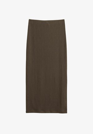 Brąskowa spódnica o prostym kroju, wykonana z tkaniny o teksturowanym wzorze, bez widocznych zapięć ani akcentów.