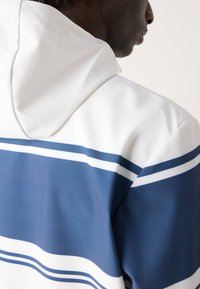 Hættetrøje med et blå- og hvidstribet design. Fremstillet af glat stof med en mat overflade og synlige syninger på kraven.