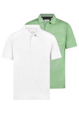 Dwie koszulki polo z krótkim rękawem, jedna biała, a druga jasnografitowa, każda z kołnierzykiem, trzema guzikami i kieszenią na piersi.