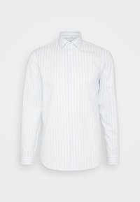 Camisa de manga larga con rayas azul claro, con cierre de botones en el frente, cuello y puños con botones. Tela suave y rayas sutiles que crean un aspecto clásico.