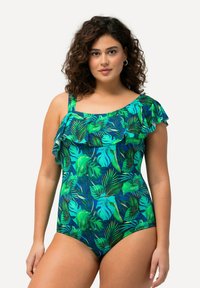 Eéndelige swimsuit met gerimpelde schouder, gekenmerkt door een groen tropisch bladmotief op een navy achtergrond. Gemaakt van lichte, rekbare stof.