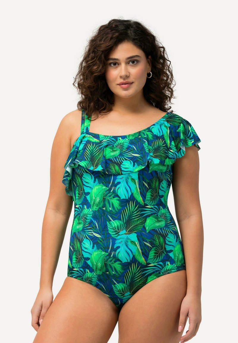 Eéndelige swimsuit met gerimpelde schouder, gekenmerkt door een groen tropisch bladmotief op een navy achtergrond. Gemaakt van lichte, rekbare stof.