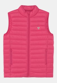 Rosa Steppweste mit hohem Kragen, Frontreißverschluss und zwei seitlichen Reißverschlusstaschen. Verfügt über eine gesteppte Textur und ein Logopatch auf der Brust.