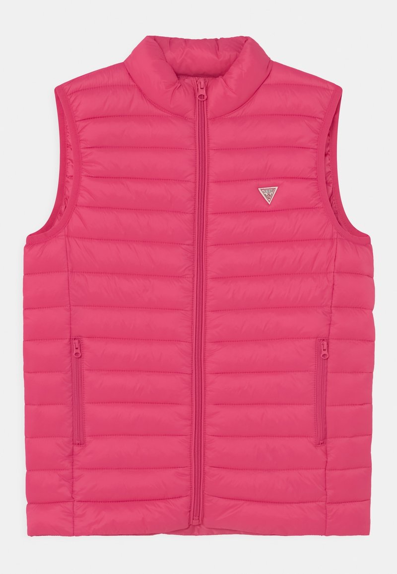 Rosa Steppweste mit hohem Kragen, Frontreißverschluss und zwei seitlichen Reißverschlusstaschen. Verfügt über eine gesteppte Textur und ein Logopatch auf der Brust.