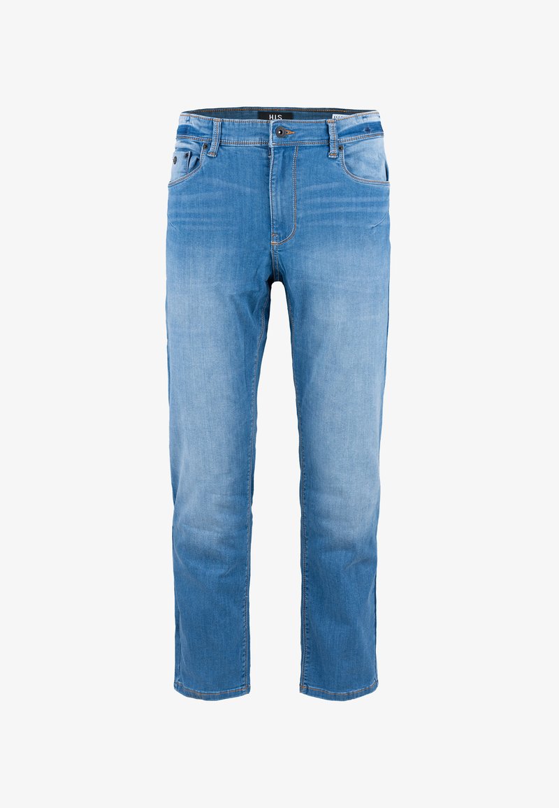 Jeans de mezclilla azul claro con corte recto, cinco bolsillos, costuras visibles y un cierre de botón en la parte frontal. Textura suave.