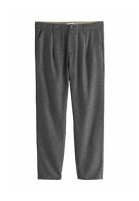 Graue Hose aus Wollmischgewebe mit geradem Schnitt, ausgestattet mit zwei Vordertaschen und einem Knopfverschluss. Strukturierter Stoff mit dezentem Melange-Muster.