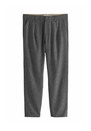 Graue Hose aus Wollmischgewebe mit geradem Schnitt, ausgestattet mit zwei Vordertaschen und einem Knopfverschluss. Strukturierter Stoff mit dezentem Melange-Muster.