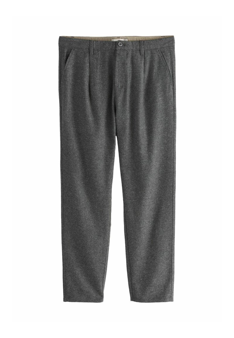 Graue Hose aus Wollmischgewebe mit geradem Schnitt, ausgestattet mit zwei Vordertaschen und einem Knopfverschluss. Strukturierter Stoff mit dezentem Melange-Muster.