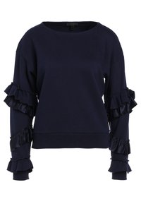 Suéter azul marino de manga larga con múltiples acentos de volantes en los puños. Hecho de un tejido suave con un escote amplio.