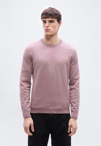 Νέος άνδρας με κοντά σγουρά μαλλιά, που φοράει μάο βιολετί πουλόβερ και μαύρο παντελόνι, στέκεται μπροστά σε απλό φωτεινό φόντο.