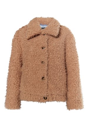 Flauschige braune Jacke mit Kragen, ausgestattet mit fünf Knöpfen und einer strukturierten Außenseite. Der strukturierte Stoff sorgt für visuelles Interesse.