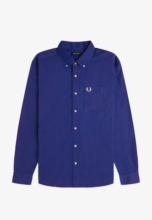 Dunkelblaues Hemd mit langen Ärmeln, Knopfleiste, Kragen und Brusttasche mit kleinem weißen, gesticktem Logo.