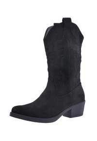 Botas de cowboy de ante negro con costuras decorativas, puntera puntiaguda y tacón cuadrado. Presentan lengüetas para ponerlas y quitarlas fácilmente.