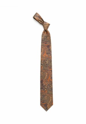 Brun paisley slips, der har intrikate mønstre i guld og mørkeblue. Lavet af glat stof med spidse ender og en snoet knude foroven.