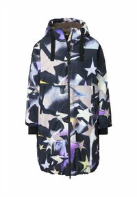 Lång parka-jacka med svart bas och stjärnmönster i lila, gult och vitt. Har en huva och framdragkedja med en stor ficka.