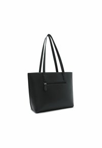 Schwarze Leder-Tote-Bag mit doppelten Griffen, rechteckiger Form, einem Reißverschluss vorderen Fach und strukturierten Oberfläche. Einfaches und funktionales Design.