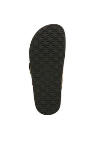 Semelle de sandale en caoutchouc noir avec un motif en diamant texturé, bords lisses, et un logo estampé au centre.