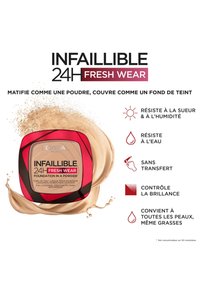 Fond de teint poudre L'Oréal Infallible 24H Fresh Wear, présentant un étui carré avec une finition matte lisse et un couvercle protecteur.