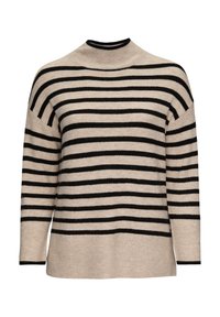 Crème kleurige trui met horizontale zwarte strepen, een ribbelige hoge hals en lange mouwen met een relaxte fit. Geverweven brei-stof.